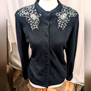Vintage Black cardigan with Silver sequins and beading details size Large